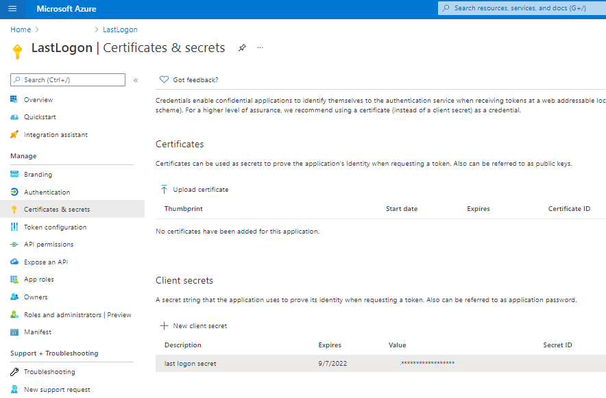 Certificates and secrets