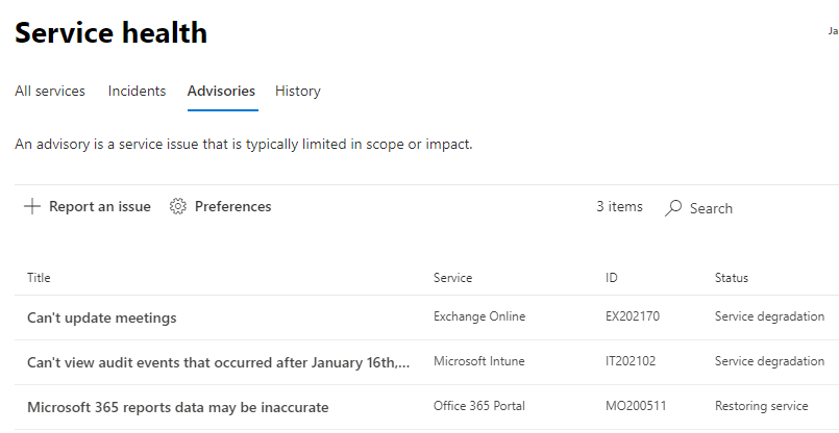 Figure 5 Office 365 Service Health Advisories